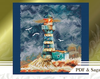 Lighthouse cross stitch pattern PDF, Landscape cross stitch chart instant download, Night embroidery pattern