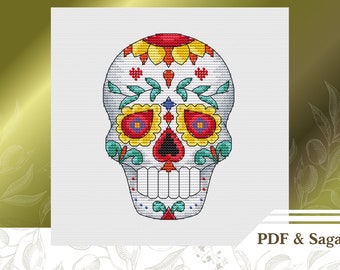 Teschio di zucchero schema punto croce PDF, download istantaneo dello schema punto croce Giorno dei morti, schema ricamo messicano a mano