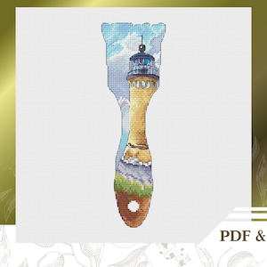 Landscape cross stitch pattern PDF, Lighthouse cross stitch chart instant download, Sea embroidery pattern