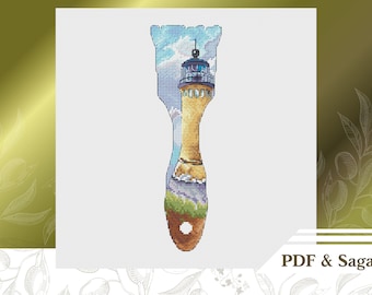 Landscape cross stitch pattern PDF, Lighthouse cross stitch chart instant download, Sea embroidery pattern