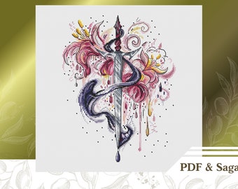 Flowal sword сross stitch pattern PDF, Gothic сross stitch chart instant download, Dark Academia decor