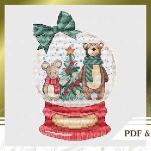 Patrón de punto de cruz navideño PDF con una bola de nieve, Gráfico de punto de cruz contado para adornos y medias navideñas