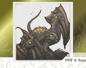 Tres dragones patrón de punto de cruz PDF, gráfico de punto de cruz gótico descarga instantánea, patrón de punto de cruz de fantasía