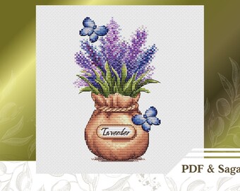 Lavender cross stitch pattern PDF, Provence cross stitch chart instant download, Rustic summer embroidery