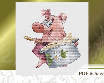 Funny pig cook сross stitch pattern for beginners PDF instant download