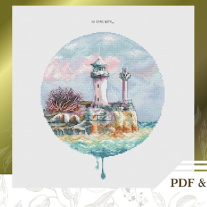 Lighthouse cross stitch pattern PDF, Watercolor counted cross stitch chart instant download, Landscape embroidery pattern