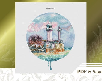 Lighthouse cross stitch pattern PDF, Watercolor counted cross stitch chart instant download, Landscape embroidery pattern