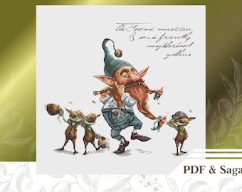 Funny gnome cross stitch pattern PDF, Irish cross stitch sampler instant download, Music hand embroidery pattern pdf