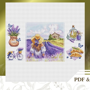 Lavender cross stitch pattern PDF, Provence cross stitch chart instant download, Landscape cross stitch set
