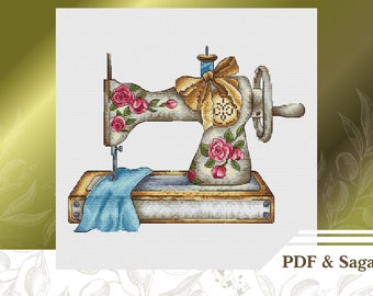 Vintage sewing machine сross stitch pattern PDF instant download, Craft room DIY decor