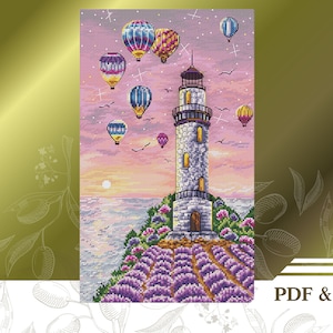 Provence cross stitch pattern PDF and SAGA instant download, Lavender landscape hand embroidery pattern