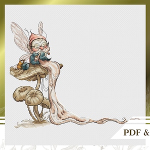 Fairy cross stitch pattern PDF, Gnome cross stitch chart instant download, Mushroom cross stitch pattern