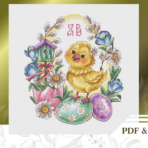 Easter сross stitch pattern PDF and SAGA, Chicken hand embroidery pattern instant download