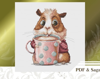 May include: A cross-stitch pattern of a brown and white guinea pig holding a pink and blue polka dot mug. The guinea pig has large brown eyes and a pink nose. The pattern is titled "PDF & Saga".