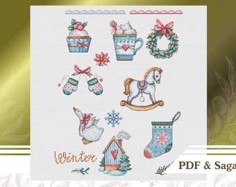 Christmas cross stitch set PDF, Easy counted cross stitch chart for Christmas stocking and ornaments instant download