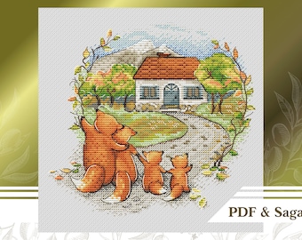May include: Cross stitch pattern featuring a family of foxes walking towards a small white house with a brown roof. The house is surrounded by trees and a stone path. The pattern is in a circular frame with a green background.