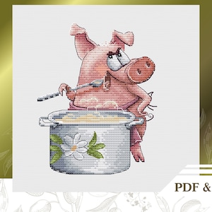 Cute pig cook сross stitch pattern for beginners PDF instant download