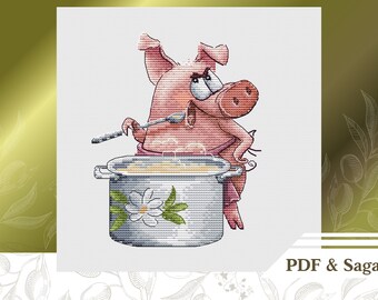 Cute pig cook сross stitch pattern for beginners PDF instant download