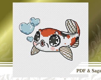 Kawaii cross stitch pattern PDF for beginners, Fish cross stitch chart instant download, Easy embroidery pattern