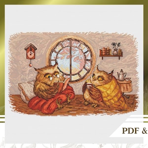 Owls сross stitch pattern PDF, Anniversary gift for parents, Woodland hand embroidery pattern instant download