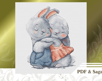 Knuffelkonijntjes kruissteekpatroon PDF, schattige kinderkamer kruissteekkaart direct downloaden, Twins borduurpatroon