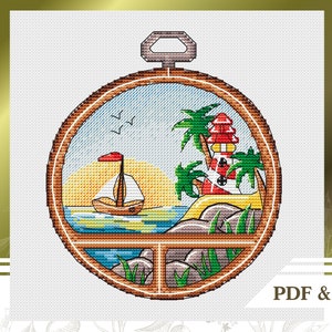 Summer landscape cross stitch pattern PDF and saga instant download, Sea hand embroidery pattern