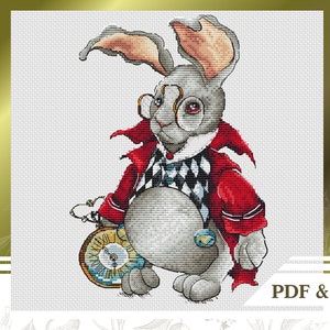 Alice in Wonderland cross stitch pattern PDF,  White rabbit embroidery pattern, Fairytale cross stitch chart instant download