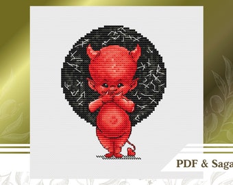 May include: A red devil with horns and a tail is standing in front of a black circle with white markings. The devil is covering its mouth with its hands.