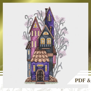 Witch house сross stitch pattern PDF, Halloween сross stitch chart instant download, Spooky embroidery pattern