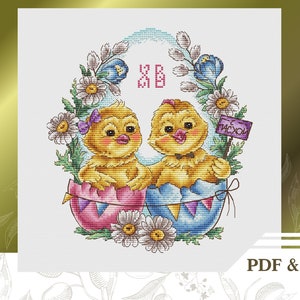 Easter сross stitch pattern PDF and SAGA, Chicken hand embroidery pattern instant download