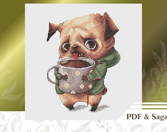 May include: A cross-stitch pattern featuring a cartoon pug dog wearing a green jacket and holding a cup of coffee. The pug has a brown and white coat and a pink tongue sticking out. The coffee cup is white with a brown rim and a brown handle. The pattern is on a white background.