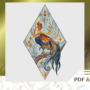 Patrón de punto de cruz de gallo lunar PDF, gráfico de punto de cruz de astrología descarga instantánea, patrón de punto de cruz del horóscopo