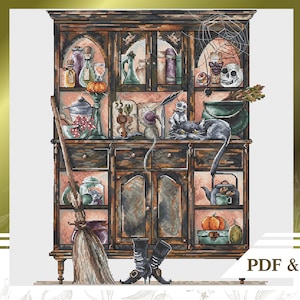 Witch сross stitch pattern PDF, Halloween сross stitch chart instant download, Fall cross stitch pattern with witch decor