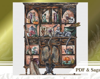 Witch сross stitch pattern PDF, Halloween сross stitch chart instant download, Fall cross stitch pattern with witch decor
