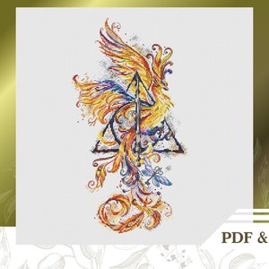 Phoenix cross stitch pattern PDF, Fantasy hand embroidery pattern instant download