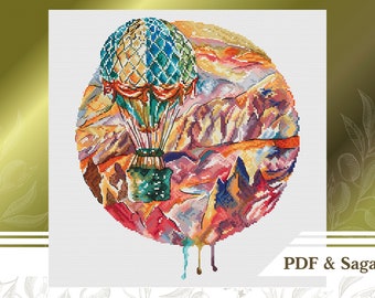 Patrón de punto de cruz de globo PDF, Gráfico de punto de cruz de paisaje descarga instantánea, Patrón de bordado colorido