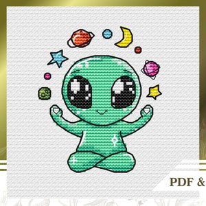 May include: A green alien with large eyes and a smile is meditating with its arms raised. The alien is surrounded by colourful stars, planets, and a crescent moon.