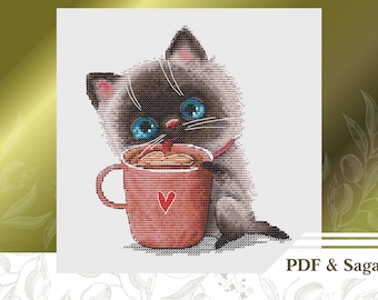 May include: A cute cartoon illustration of a Siamese kitten with blue eyes drinking from a red mug with a heart design. The kitten is wearing a pink collar.
