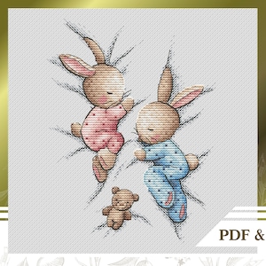 Sleeping bunnies сross stitch pattern PDF, Cute nursery сross stitch chart instant download, Twins embroidery pattern