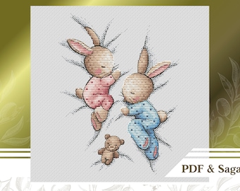 Sleeping bunnies сross stitch pattern PDF, Cute nursery сross stitch chart instant download, Twins embroidery pattern