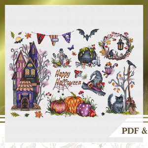 Witch сross stitch pattern PDF, Halloween сross stitch chart instant download, Spooky cross stitch set