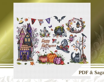 May include: A colourful Halloween themed cross stitch pattern featuring a haunted house, a witch's hat, a cauldron, a black cat, and the text "Happy Halloween".