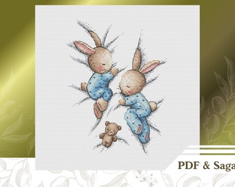 Slapende konijntjes kruissteekpatroon PDF, schattige kinderkamer kruissteekkaart direct downloaden, Brothers borduurpatroon