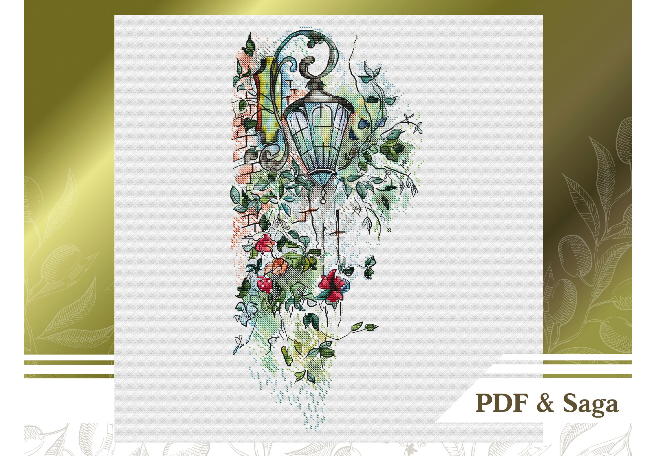 Lantern cross stitch pattern PDF, Street lamp counted cross stitch chart instant download, Floral embroidery pattern
