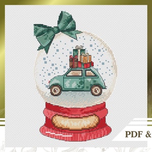 Patrón punto de cruz navideño con bola de nieve, PDF y descarga instantánea SAGA