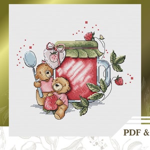 Baby сross stitch pattern PDF and SAGA with Teddy bears and strawberry jam, instant download