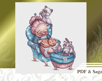 Cats сross stitch pattern PDF, Grandma сross stitch chart instant download, Pet hand embroidery pattern