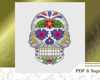 Teschio di zucchero schema punto croce PDF, download istantaneo dello schema punto croce Giorno dei morti, schema ricamo messicano a mano