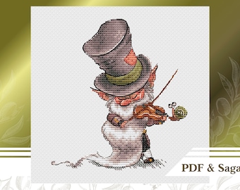 Gnome cross stitch pattern PDF, Music cross stitch chart instant download, Music lover gift DIY