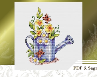 Garden сross stitch pattern PDF and saga, Cottagecore hand embroidery pattern instant download